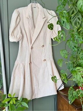 Textured Cream Double Puff Sleeve Dress